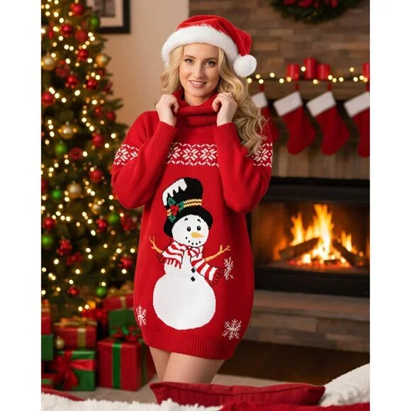 Women Christmas Ugly Sweater Dress with Santa Hat Snowman Christmas Gift Women Christmas Ugly Sweater Dress with Santa Hat Snowman Christmas Gift